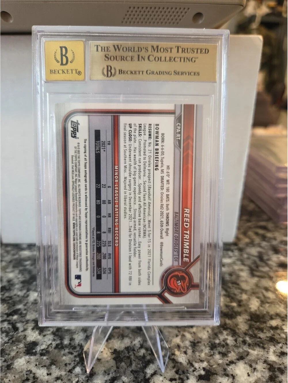Reed Trimble 2022 Bowman Chrome 1st Blue Refractor Auto /150 BGS 9.5/10 Orioles